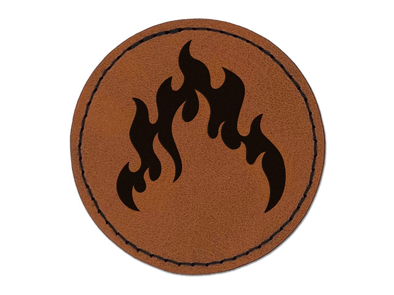 Fire Flame Burning Round Iron-On Engraved Faux Leather Patch Applique - 2.5"